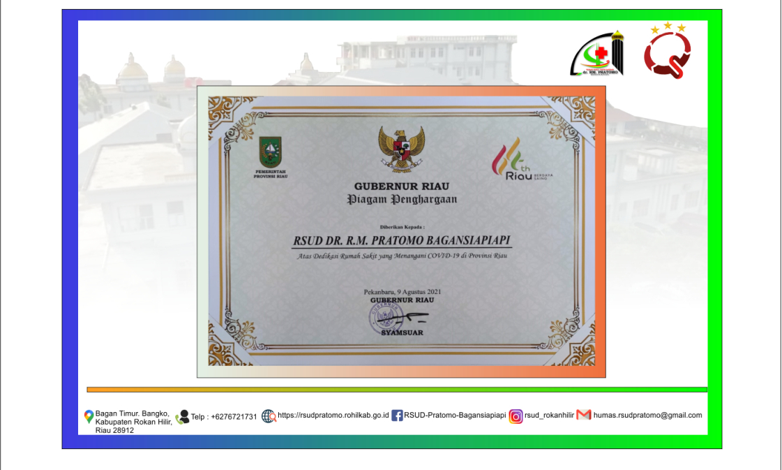 RSUD dr. RM. Pratomo Bagansiapiapi Raih Piagam Penghargaan dari Gubernur Riau